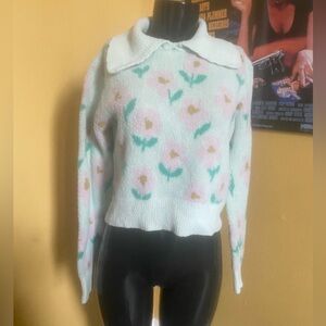 Pastel Floral Fuzzy Crop Knit Sweater with Peter Pan Collar - White/Pink/Green